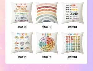 Close-up of rainbow plush pillow covers featuring affirmations and feelings charts