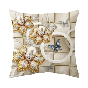 Golden 3D flower throw pillow cover with pearls and blue butterflies on beige grid