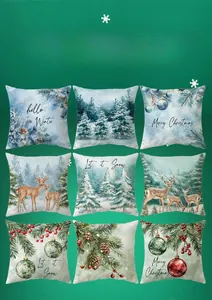 Detailed grid of 9 Christmas pillow covers with winter landscape and reindeer prints