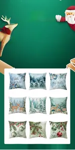 Detailed grid of nine Christmas pillow covers featuring winter forest and reindeer prints
