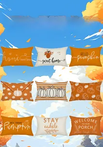 Set of nine fall pumpkin lumbar pillow covers with autumn quotes and striped patterns