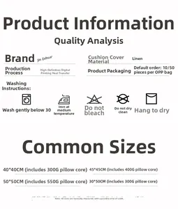 Size chart and care guide for polyester linen pumpkin pillowcases with digital printing