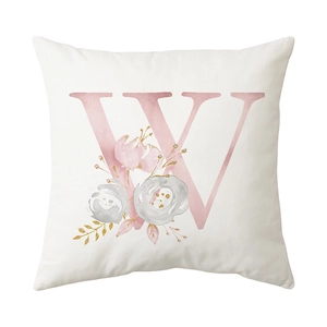 Modern white square pillowcase featuring a pink letter W with watercolor floral accents