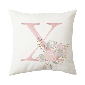 Modern white square pillowcase with pink watercolor letter X and floral leaf pattern