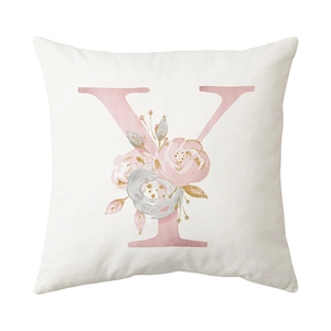 Square white pillowcase with floral pink letter Y print for modern home sofa decor