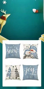 Detail of four blue and white Christmas pillow covers with snowman and holiday prints