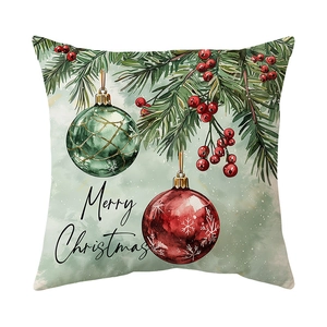 Christmas pillowcase with watercolor pine branches and red berries on a textured white fabric