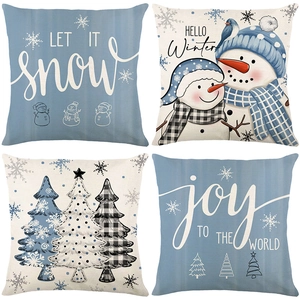 Christmas Pillow Covers Snowman Winter Holiday Blue Letter Print Decorative Square Cushion Cases For Sofa Couch