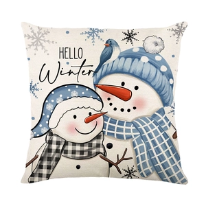 Blue snowman Hello Winter Christmas pillow cover with rustic blue snowflakes on beige linen