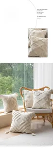 Close-up of bohemian tufted geometric texture and fringe tassels on cushion cover