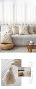 Detail of cream boho pillow cover showing tufted geometric patterns and handmade tassels