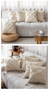 Detail of cream tufted throw pillow covers with bohemian tassels and geometric patterns
