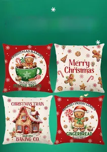 Detailansicht von vier Kissenbezügen mit Weihnachtsmotiven und Lebkuchenmann-Aufdrucken