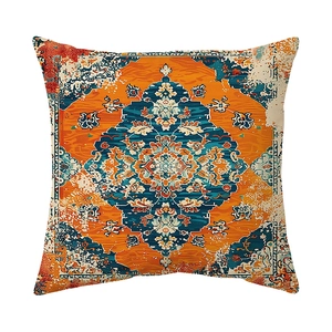 Bohemian retro square throw pillow cover with vibrant orange and blue ethnic patterns