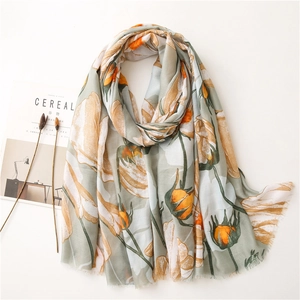 Floral Print Scarf Shawl Lightweight Breathable Cotton Linen Feel Frayed Trim Flower Pattern Sun Protection Beach Women