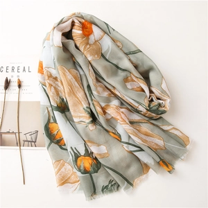 Sage green floral linen scarf and shawl for women, elegant long wrap with flower print