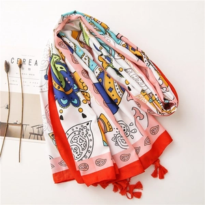 Thai-style colorful elephant print cotton linen scarf with red tassels for sun protection