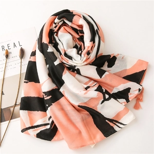 Artistic linen-cotton scarf with pink and black block print and tassel fringe