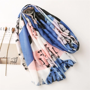 Lightweight cotton linen shawl with blue and pink abstract floral pattern on white