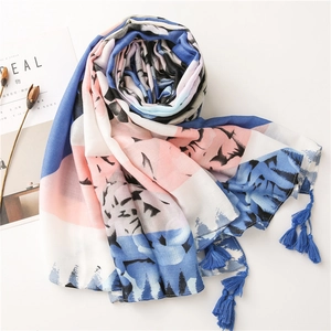 Vintage linen scarf with blue and pink abstract prints and elegant fringe tassels