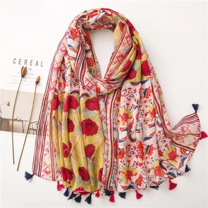 Ethnic bohemian cotton linen scarf with floral print and colorful tassels for women