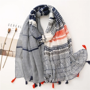 Women Long Scarf Shawl Linen Feel Polyester Geometric Striped Polka Dot Print Tassels Lightweight Sun Protection Artistic Bohemian