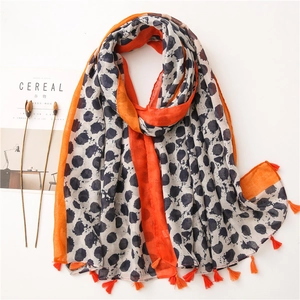 Écharpe Châle Femme À Pois Toucher Coton Lin Contraste Orange Garniture À Glands Mode Protection Solaire Plage