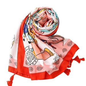 Colorful elephant paisley print cotton linen shawl with red tassel fringe for beach vacation