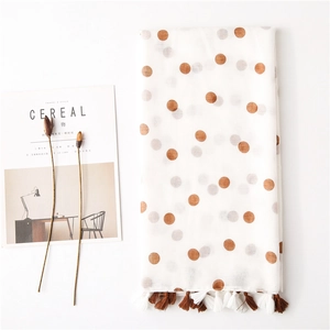 Lightweight white polka dot cotton scarf for women with tassels and artistic fringe