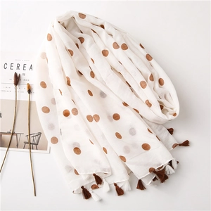 White cotton linen scarf with brown polka dots and fringe tassels for beach and summer wear