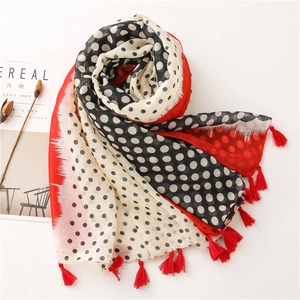 Polka dot cotton linen long scarf with red fringes and colorful contrast patterns