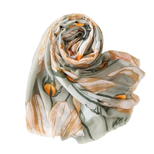 Elegant cotton linen floral scarf with tulip print and soft fringed edges for women