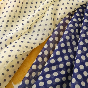 Detail of lightweight cotton linen scarf showing blue and beige polka dot print patterns