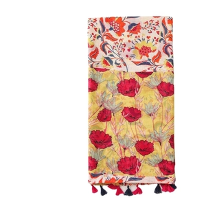 Ethnic style cotton linen scarf with floral print, dual-tone design and colorful tassels