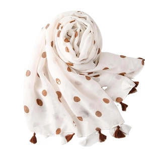 White cotton linen scarf with brown polka dots and tassel edges for summer beach wear