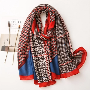 Plaid houndstooth cotton linen shawl with red and navy blue patchwork design