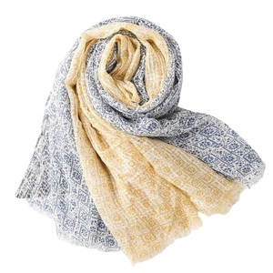 Breathable cotton linen scarf with blue and yellow floral pattern for summer sun protection