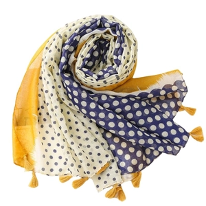 Navy and white polka dot cotton linen scarf with yellow tassels for women