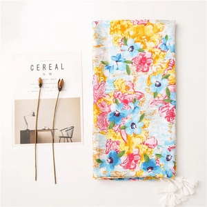 Floral oil painting style cotton scarf with white tassels and bohemian totem pattern