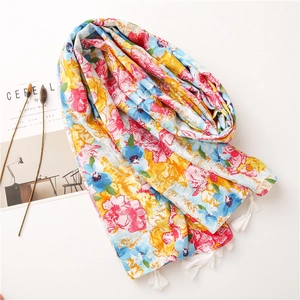 Artistic oil painting style floral print cotton shawl with white tassels on white background