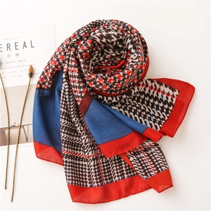 Houndstooth patchwork scarf in red and blue, elegant cotton linen shawl for travel