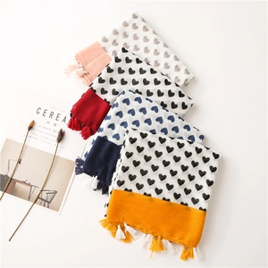 Heart Print Scarf Long Shawl Women Cotton Linen Feel Sunscreen Thin Wrap Tassels Beach Fashion Accessories