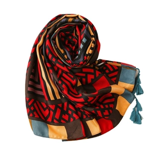 Artistic geometric cotton linen scarf with colorful tassel edge in star sky patterns