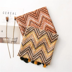 Detail of chevron pattern cotton linen scarf with tassels and geometric wave design