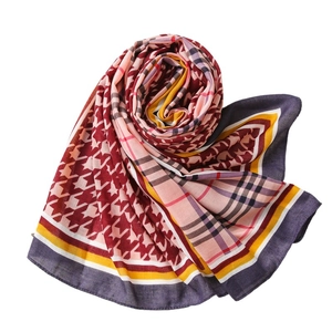 Houndstooth and plaid printed cotton linen long scarf for women with patchwork design