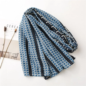 Detail of blue and black geometric diamond print scarf with soft silk texture