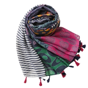 Ethnic floral cotton linen scarf with colorful prints and handmade tassels for women