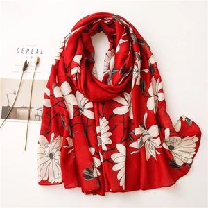 Magnolia Floral Print Scarf Shawl Women Cotton Linen Feel Polyester Lightweight Retro Sun Protection Travel Beach Wrap