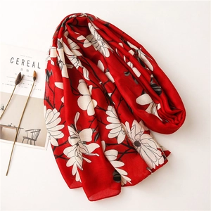 Red floral cotton scarf with large white flowers, long lightweight spring travel shawl