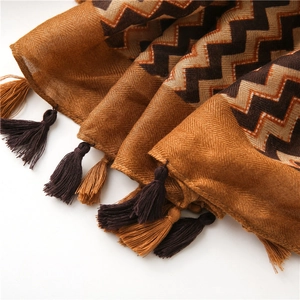 Close-up of geometric wave pattern scarf with chevron weave and long fringe tassels